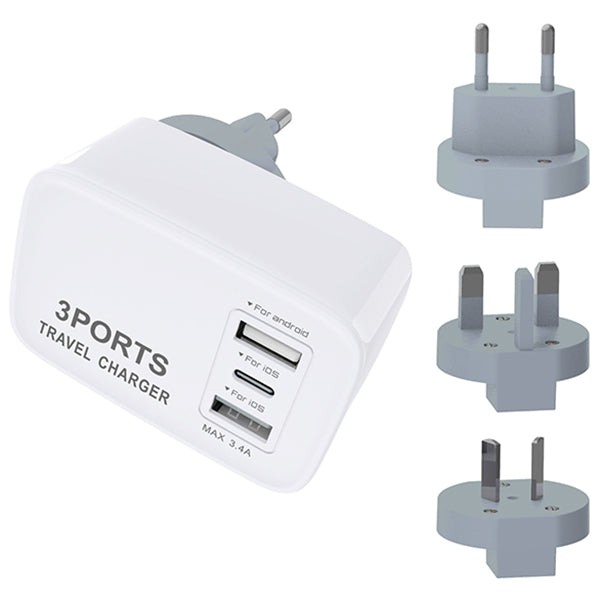 ערכת טעינה בינלאומית עם 2 שקעי הטענה USB ושקע Type-C מבית Charge-it