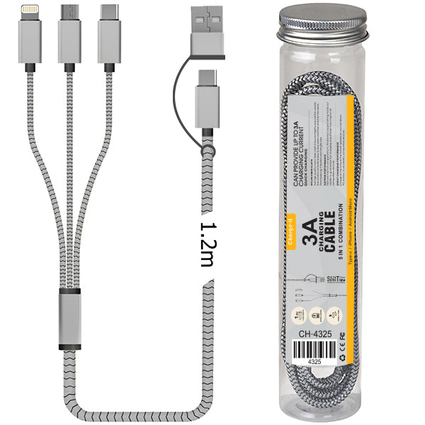 כבל טעינה מהיר במיוחד 3A משולב 5 ב-1 תואם Type-C/iPhone/Android Micro בטיוב מבית Charge-it