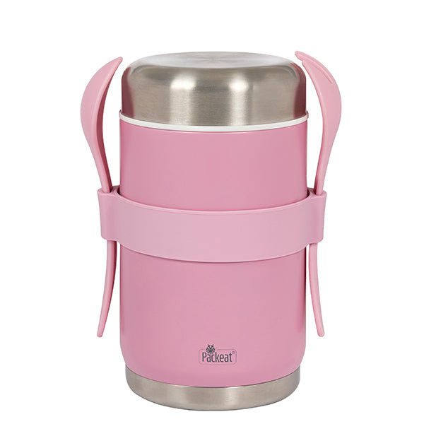 מיכל תרמי נירוסטה חם/קר לאוכל כולל מזלג וכף מבית המותג Pack&eat