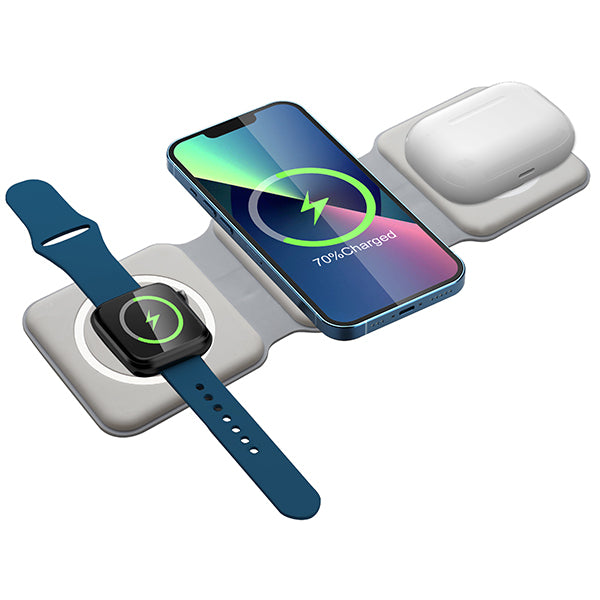 "קומבו" מטען אלחוטי מתקפל מהיר 3 ב-1 לנייד + שעון חכם + אוזניות