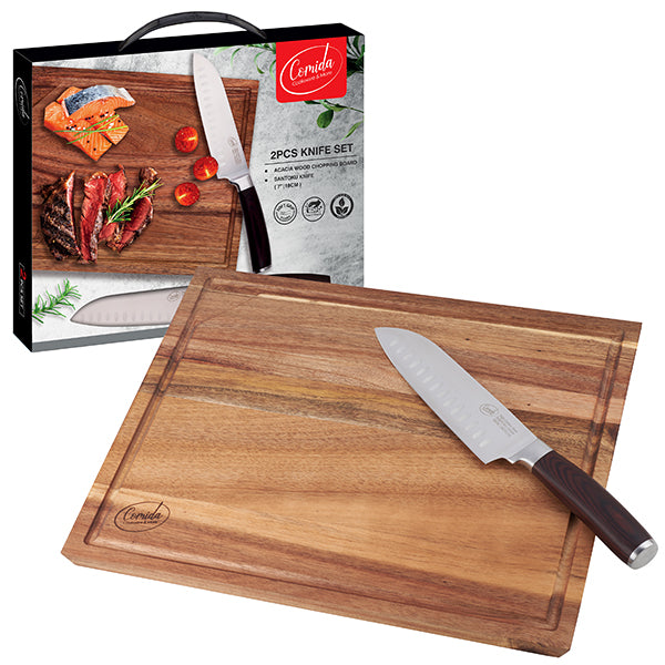 "Comida" סט סכין סנטוקו מקצועית 30 ס"מ (להב 18 ס"מ) לוח חיתוך עץ איכותי ACACIA עם שוליים משופעים