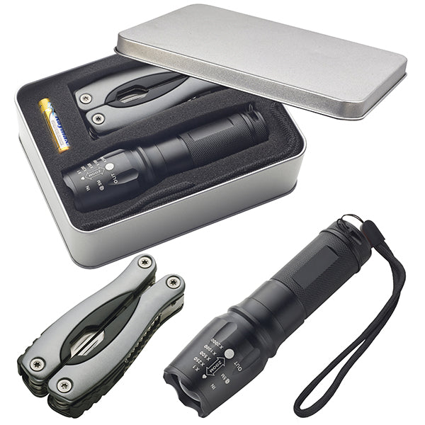 סט השרדות הכולל פנס 500 לומנס ומיקוד משתנה OPTO-LED + רב כלי MULTI TOOL בקופסת מתכת