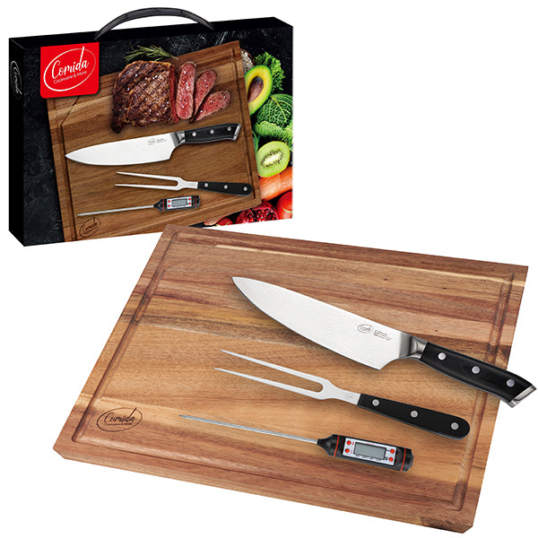 "Comida" סט 4 חלקים למטבח כולל סכין סנטוקו, מדחום, קילשון בשר ולוח חיתוך עץ איכותי ACACIA עם שוליים משופעים