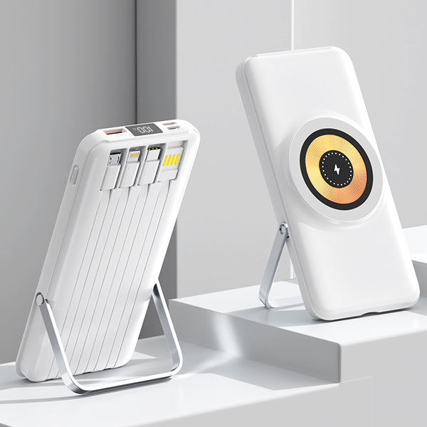 פאוור בנק סוללת גיבוי 10,000mAh משולב עם מטען אלחוטי 15W הכולל 4 כבלים, צג דיגיטלי ורגלית