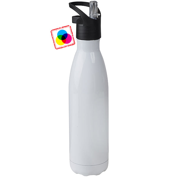 בקבוק ספורט אלומיניום 750 מ"ל פיה נשלפת מאחז יד ארגונומי וקש לבן מבריק מתאים לסובלימציה