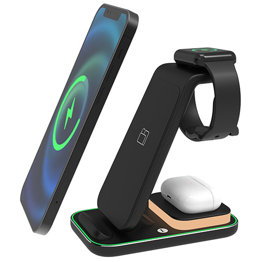 מטען אלחוטי מהיר 15W משולב עם תאורה 3 ב-1 לנייד + שעון חכם + אוזניות