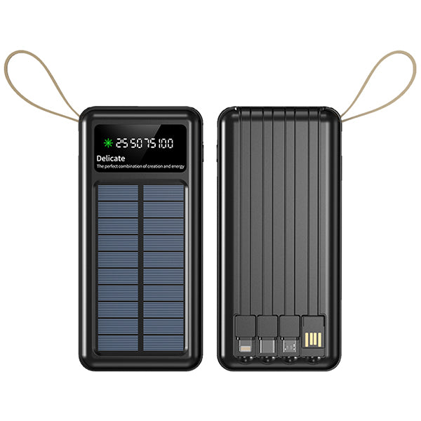 פאוור בנק סוללת גיבוי 10,000mAh משולב עם טעינה סולארית הכולל 4 כבלים נשלפים 2 פנסי לד וצג דיגיטלי