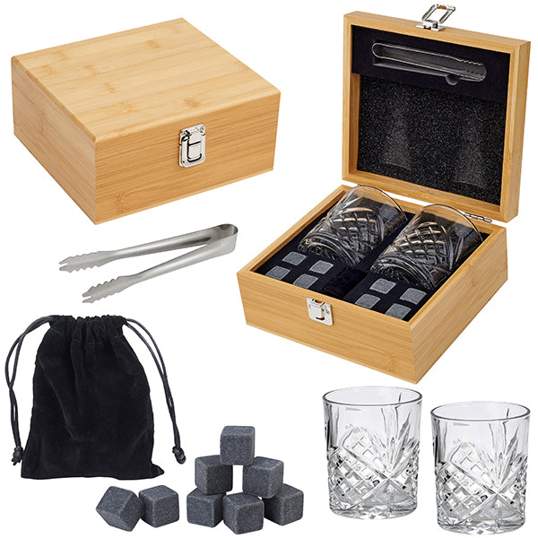 מארז מתנה ויסקי הכולל 2 כוסות, 8 אבני קרח ומלקחיים בקופסת עץ במבוק מהודרת